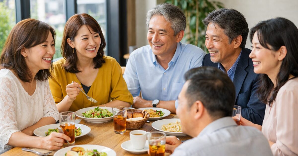 明るいレストランでランチを楽しみながら会話する40代女性と50代男性の少人数グループ