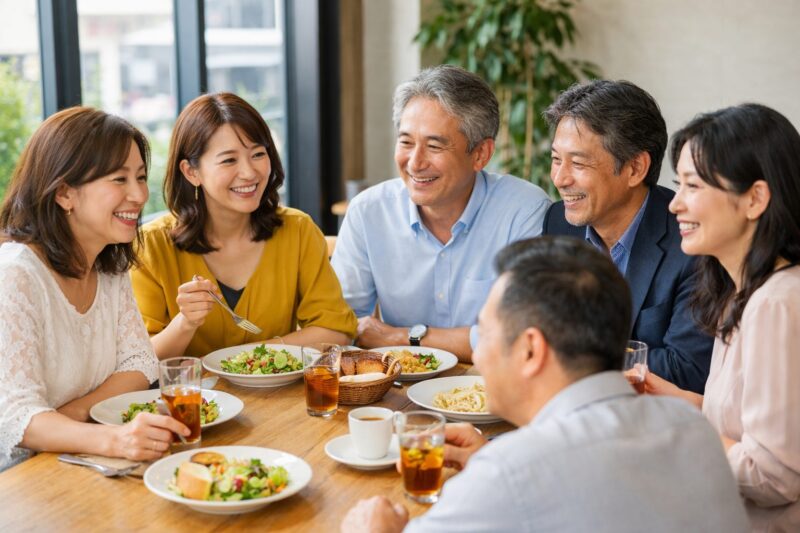 明るいレストランでランチを楽しみながら会話する40代女性と50代男性の少人数グループ