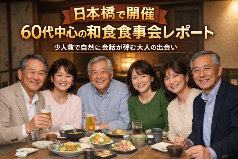 日本橋の落ち着いた和食店で、60代の男女が笑顔で食事と会話を楽しんでいるシニア向け食事会