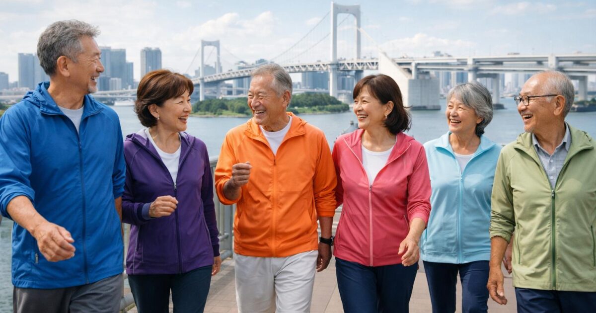 お台場海浜公園で開催されたシニアサークルアッシュのウォーキングイベントで笑顔で歩く50代60代の参加者たち