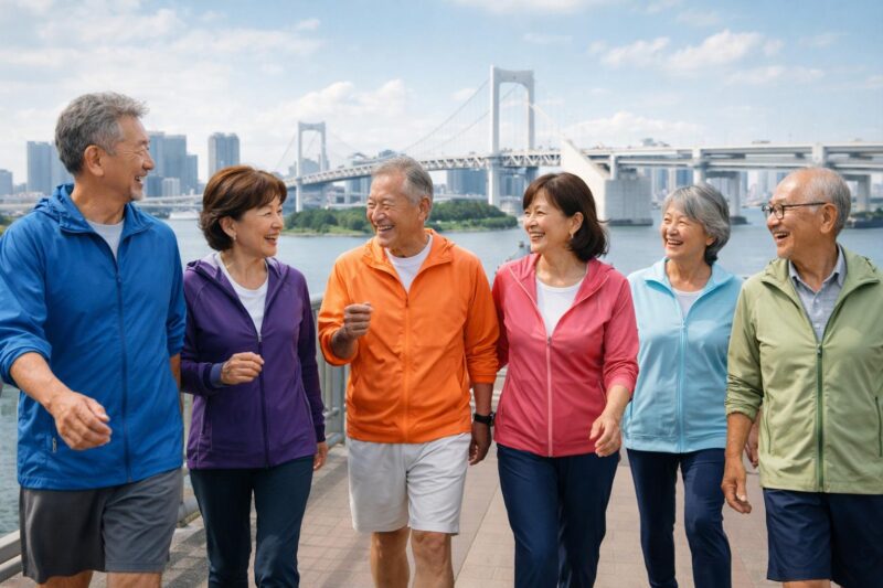 お台場海浜公園で開催されたシニアサークルアッシュのウォーキングイベントで笑顔で歩く50代60代の参加者たち