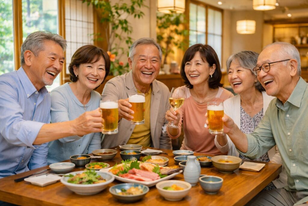 明るい和食店で、旅や美食が好きな50代60代の男女6名が笑顔で乾杯している様子。初参加や一人参加が多い大人向け交流イベントの雰囲気が伝わる