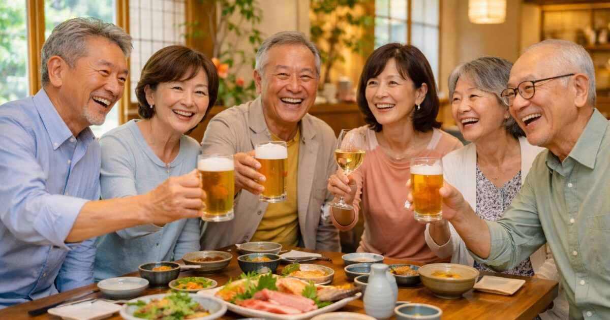明るい和食店で、旅や美食が好きな50代60代の男女6名が笑顔で乾杯している様子。初参加や一人参加が多い大人向け交流イベントの雰囲気が伝わる
