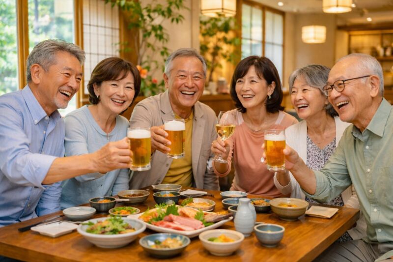 明るい和食店で、旅や美食が好きな50代60代の男女6名が笑顔で乾杯している様子。初参加や一人参加が多い大人向け交流イベントの雰囲気が伝わる
