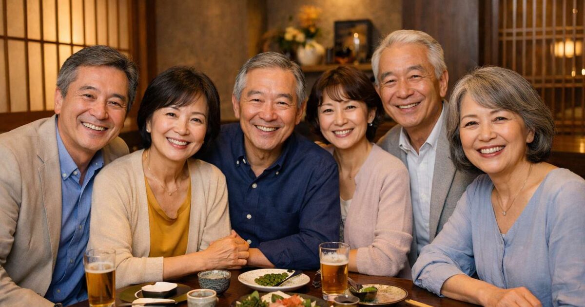 東京の和食店で食事を楽しむ60代の男女6人の集合写真