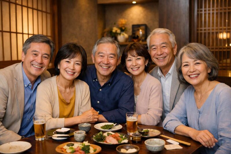 東京の和食店で食事を楽しむ60代の男女6人の集合写真
