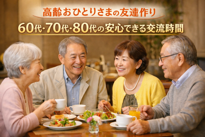 60代・70代・80代の日本人シニア男女4人が、落ち着いたレストランで笑顔で会話を楽しみながら食事をしている様子。高齢おひとりさまの友達作りや安心できる交流