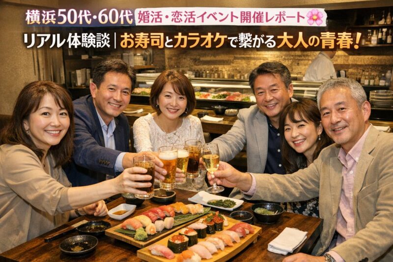 町田で開催される50代・60代向け大人の食事会で、笑顔で乾杯する男女の様子