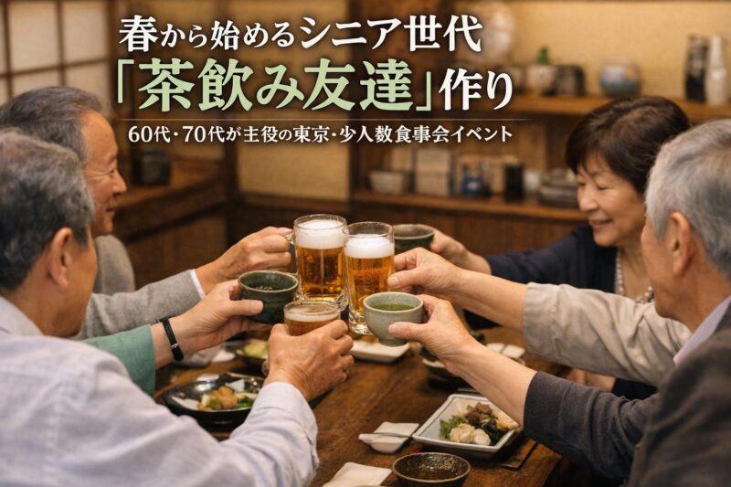 東京で開催される60代・70代向け社会人サークルアッシュの食事会。同年代と自然に会話が弾む落ち着いた乾杯シーン