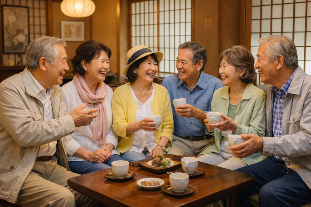 浅草の落ち着いた和風カフェでお茶を楽しむ60代〜70代の日本人男女。 リラックスして会話している様子。