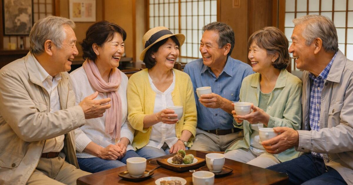 東京の落ち着いたカフェで、80代の日本人男女が笑顔でお茶を楽しんでいる様子。LINEだけではなく、会ってお茶を飲みながら話せる友達を探す80代女性の友達作り体験談を紹介する