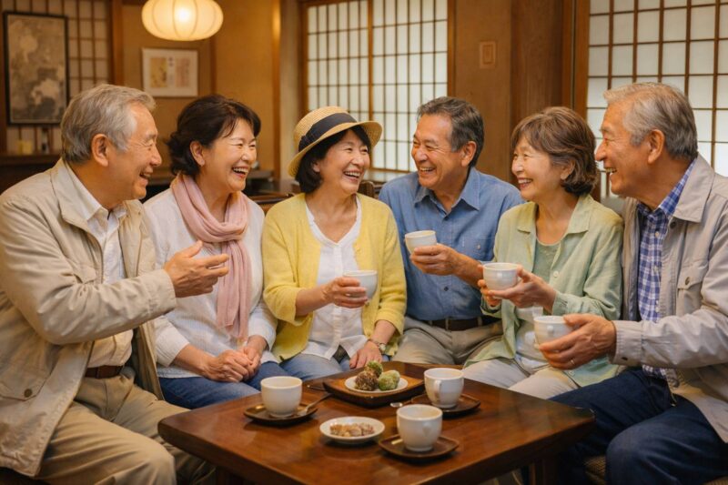 東京の落ち着いたカフェで、80代の日本人男女が笑顔でお茶を楽しんでいる様子。LINEだけではなく、会ってお茶を飲みながら話せる友達を探す80代女性の友達作り体験談を紹介する
