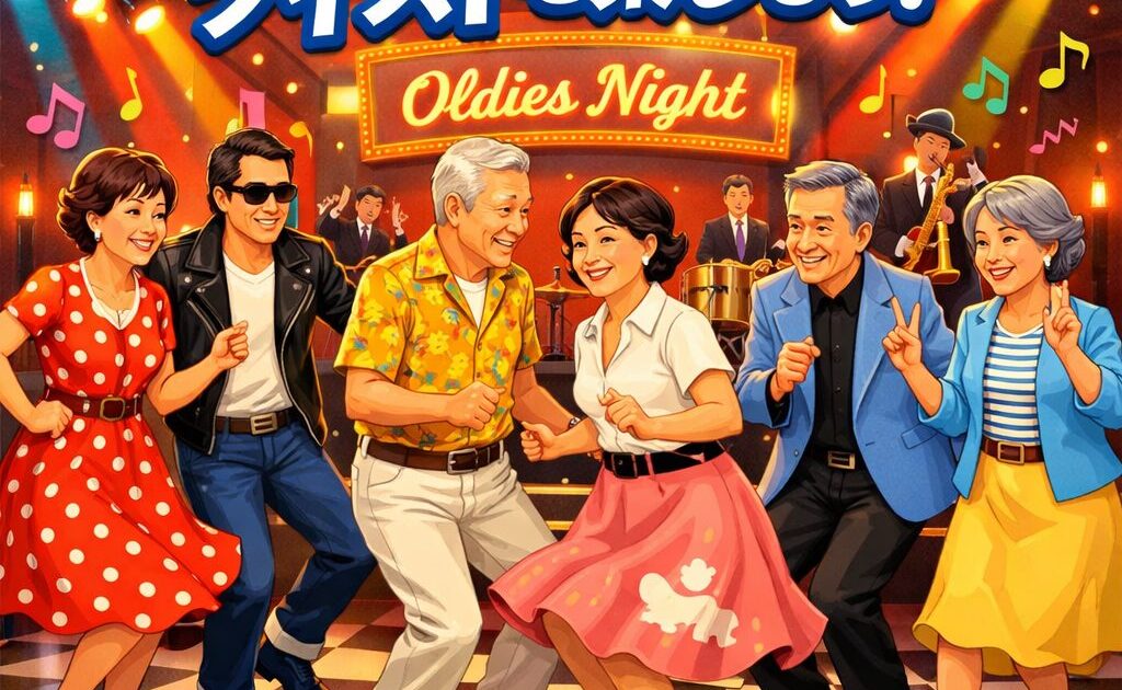 懐かしのオールディーズに合わせて笑顔でツイストを楽しむ60代の男女6名のイラスト。シニア世代の交流イベント