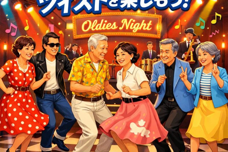 懐かしのオールディーズに合わせて笑顔でツイストを楽しむ60代の男女6名のイラスト。シニア世代の交流イベント