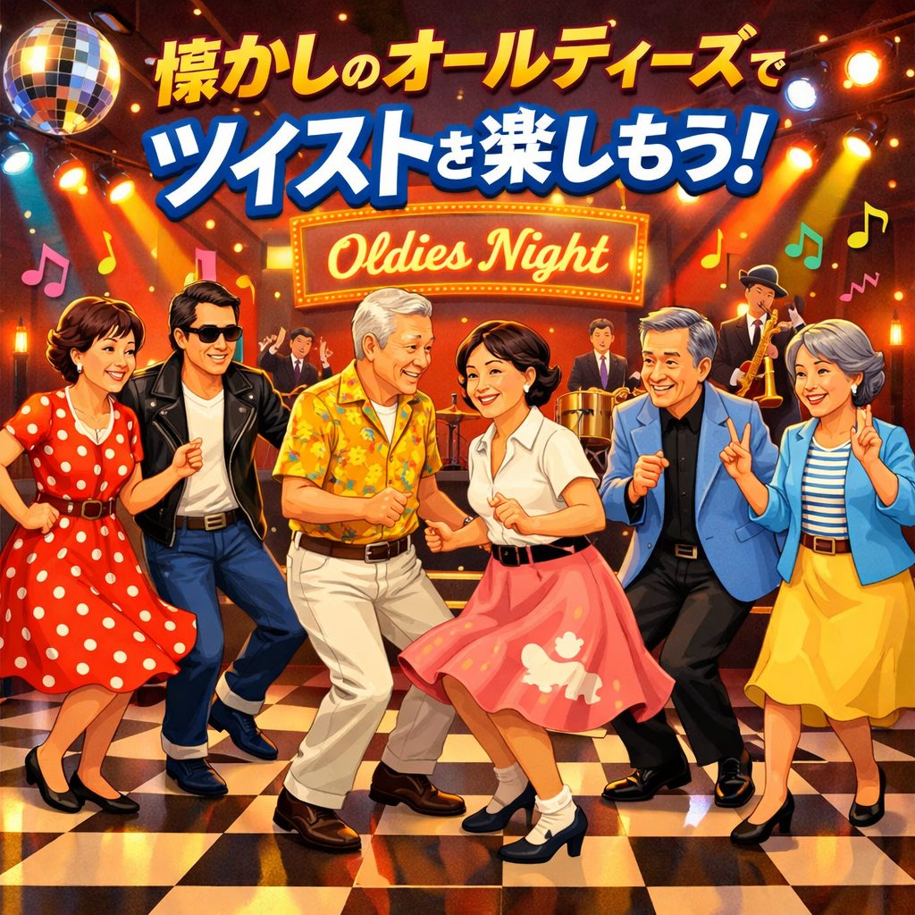 懐かしのオールディーズに合わせて笑顔でツイストを楽しむ60代の男女6名のイラスト。シニア世代の交流イベント