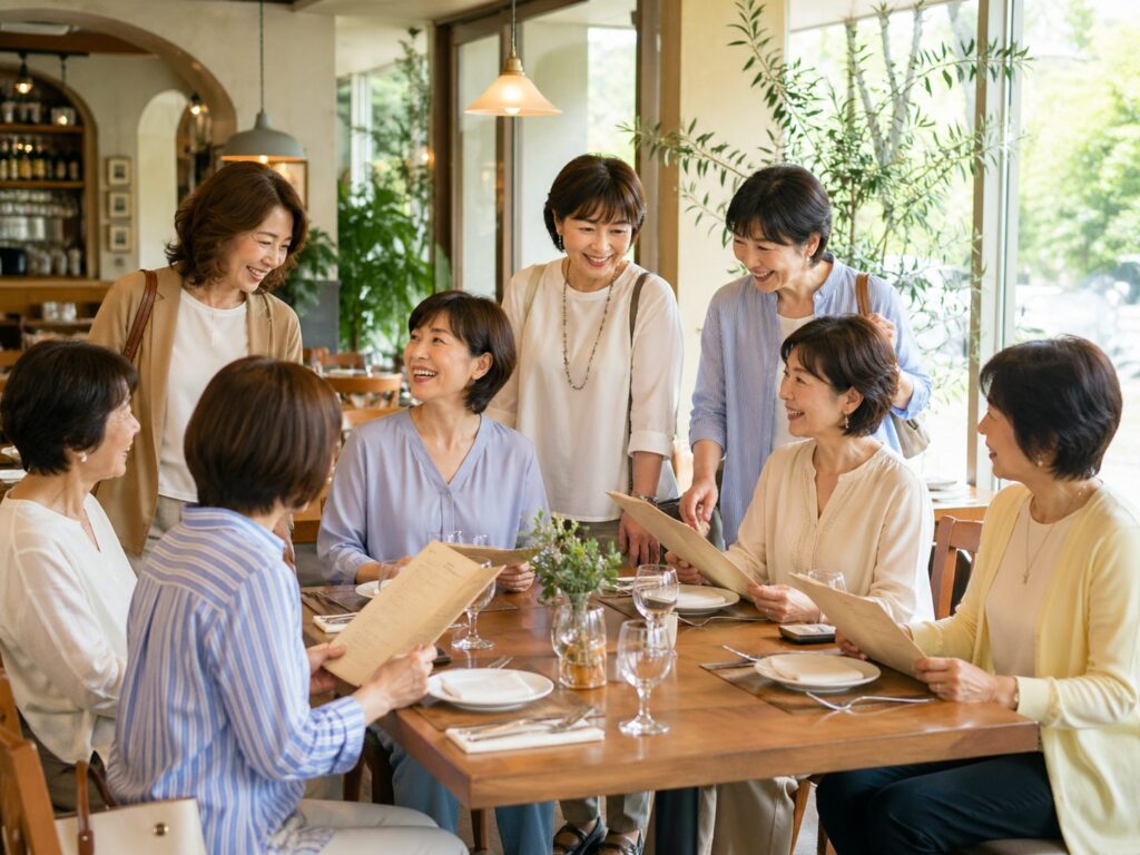 楽しく笑顔で会話を弾ませる50代・60代・70代のシニア女子会ランチ