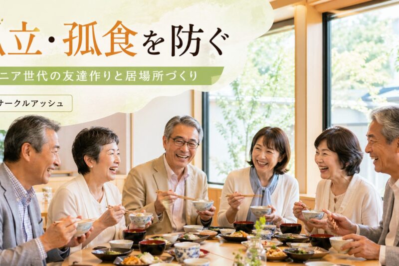 笑顔の60代・70代の日本人男女が、おしゃれで落ち着いたレストランで食事を楽しみながら交流しているシニアサークルアッシュ