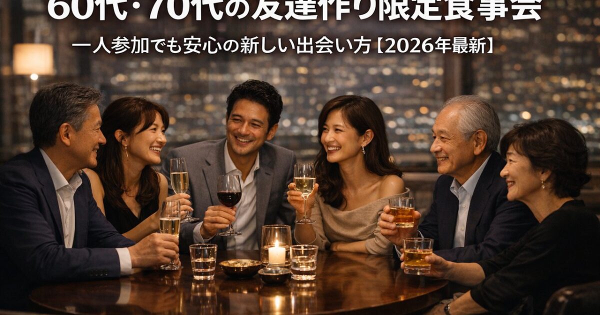 60代・70代の日本人男女が落ち着いたレストランで笑顔で会話を楽しむ、シニアサークルアッシュの友達作り限定食事会