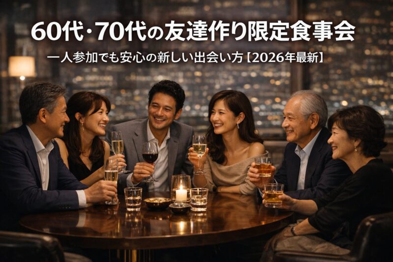60代・70代の日本人男女が落ち着いたレストランで笑顔で会話を楽しむ、シニアサークルアッシュの友達作り限定食事会