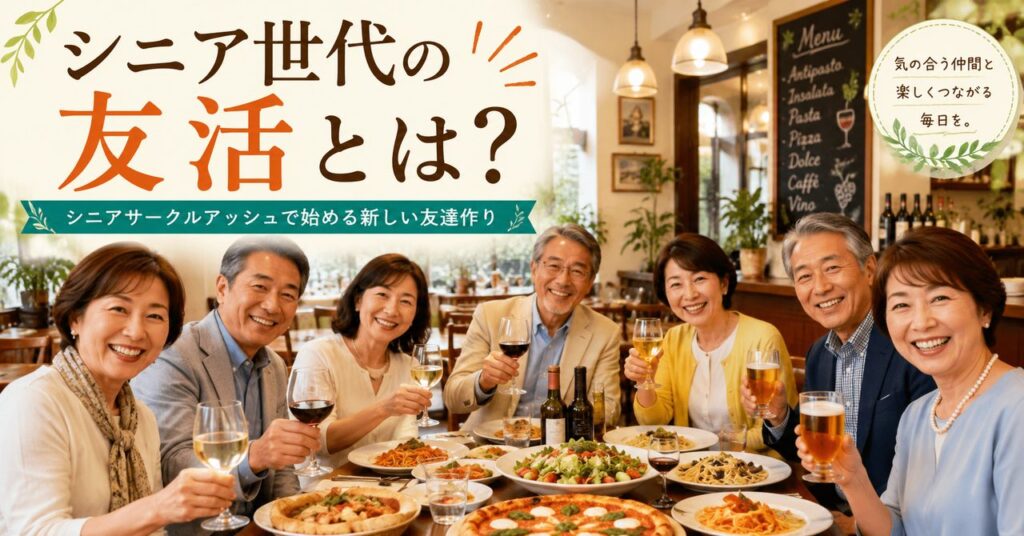明るいイタリアンのお店で50代・60代の男女が食事を楽しみながら友達作りをしているシニアサークルアッシュの友活イメージ画像