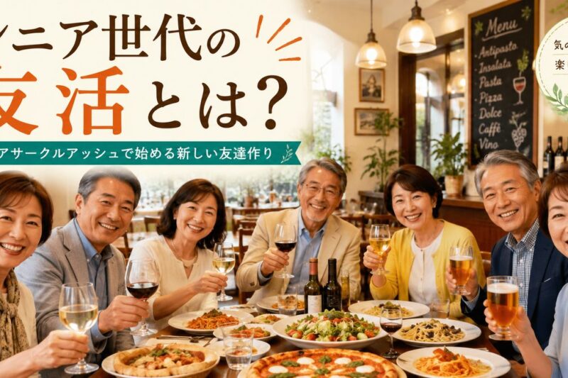明るいイタリアンのお店で50代・60代の男女が食事を楽しみながら友達作りをしているシニアサークルアッシュの友活イメージ画像