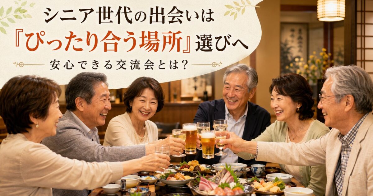 60代・70代の日本人男女が落ち着いた食事会で笑顔で会話を楽しむ、シニア世代にぴったり合う安心できる交流会