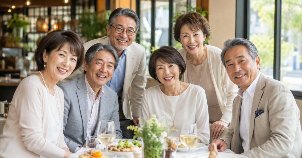 退職後の孤独をきっかけにシニアサークルで友達作りを始めた60代の日本人男女6名が、明るいレストランで笑顔で交流