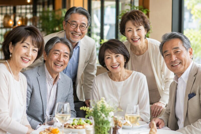 退職後の孤独をきっかけにシニアサークルで友達作りを始めた60代の日本人男女6名が、明るいレストランで笑顔で交流