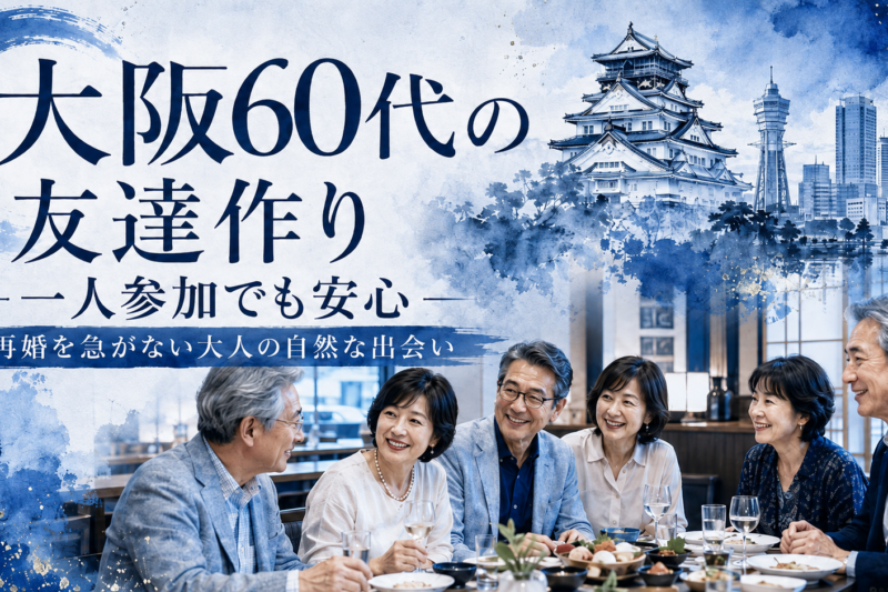 大阪の落ち着いたレストランで60代の日本人男女が少人数で食事を楽しみながら、笑顔で自然に会話するシニア友達作り交流会