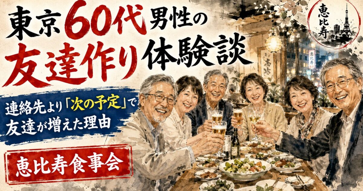 恵比寿の食事会で、日本人60代の男女6名が笑顔で乾杯している水墨画風イラスト。東京60代男性の友達作り体験談